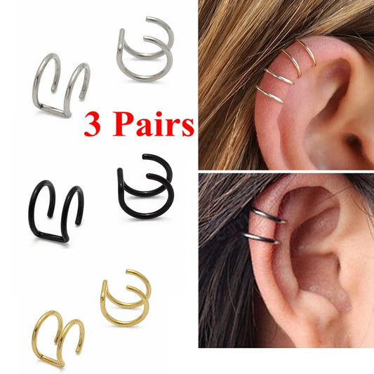 3 Pairs 16G Steel Non-piercing Clip-on Cuff Earrings 3colors