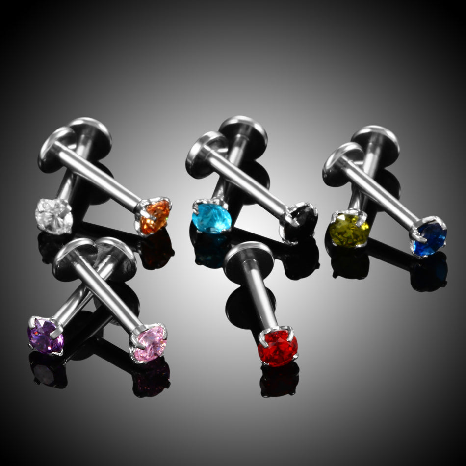 9PCS Steel CZ Gem Labret Lip Rings Jewelry Lot