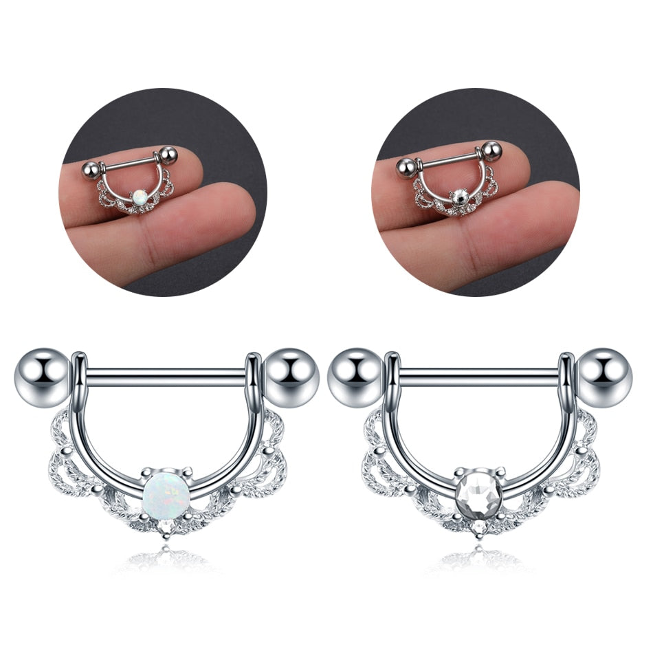 1PC Steel Opal Nipple Ring With Lace 14G